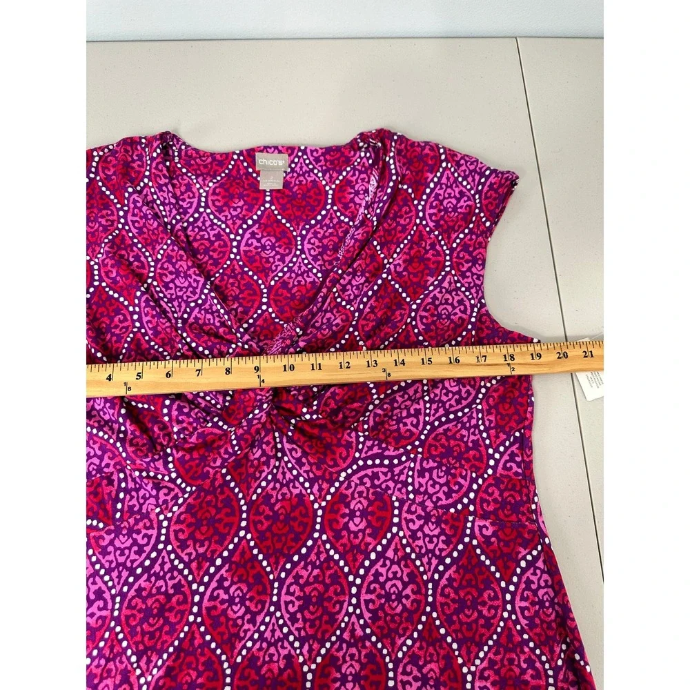 Chicos Maxi Cap Sleeve Dress Size 2 L Pink Purple Twist Front Geometric Slit New